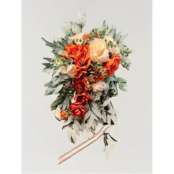 Large Silk Wedding Bouquet Orange Ivory Roses Cascade Bridal Flowers 23" x 18" - Picture 2 of 8